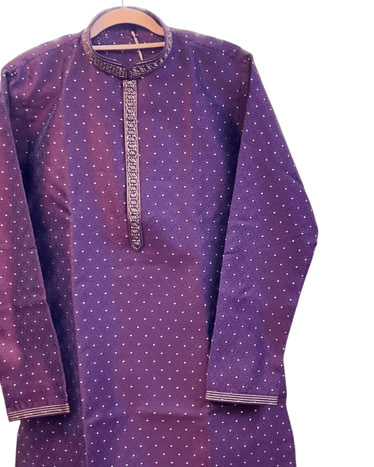 Purple - Banarasi Handloom Brocade Mens Indian Kurta set with Trousers - UK Stock - Weddings / Walimas , Sangeet, Diwali, Eid, Mehndi / Henna - VEE3004 VY - Prachy Creations