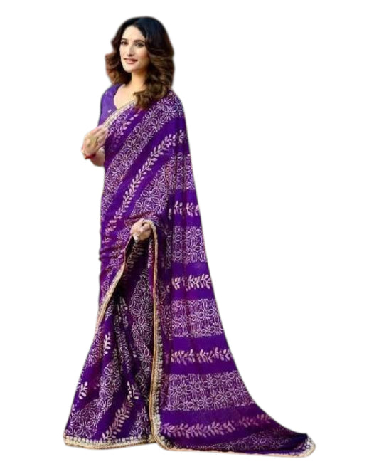 Purple - Bandhani Printed - Chiffon Saree with Blouse Piece - KAS-Chuneri 301 10KV25 - Prachy Creations