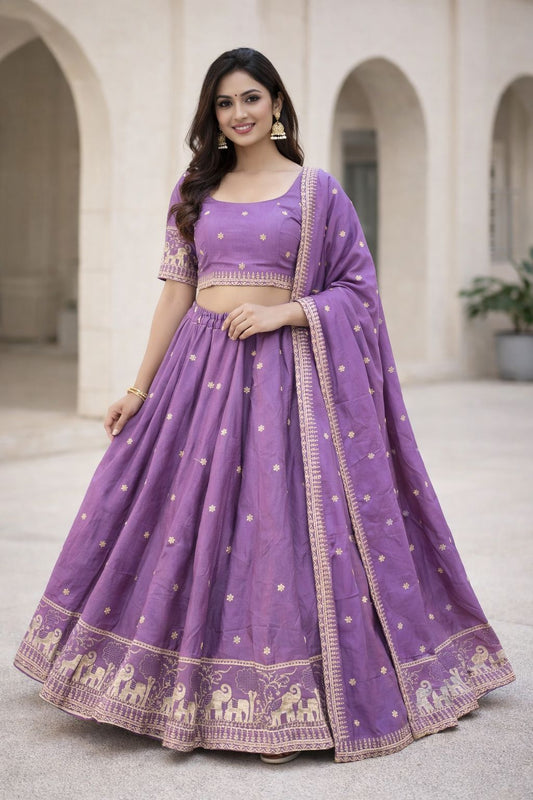 Purple - Dupion Silk Lehenga Set - Garba / Dandia , Mehndi / Sangeet / Weddings - Size UK 12 (38" Bust) Adjustable to Size 14 - UK Stock - 24h Dispatch - AF2603 02TY26 - Prachy Creations
