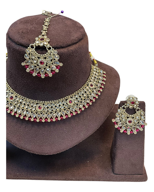 Purple - Large Size Antique Gold Finish Necklace Set with Earrings - SJ01 KVp - Prachy Creations