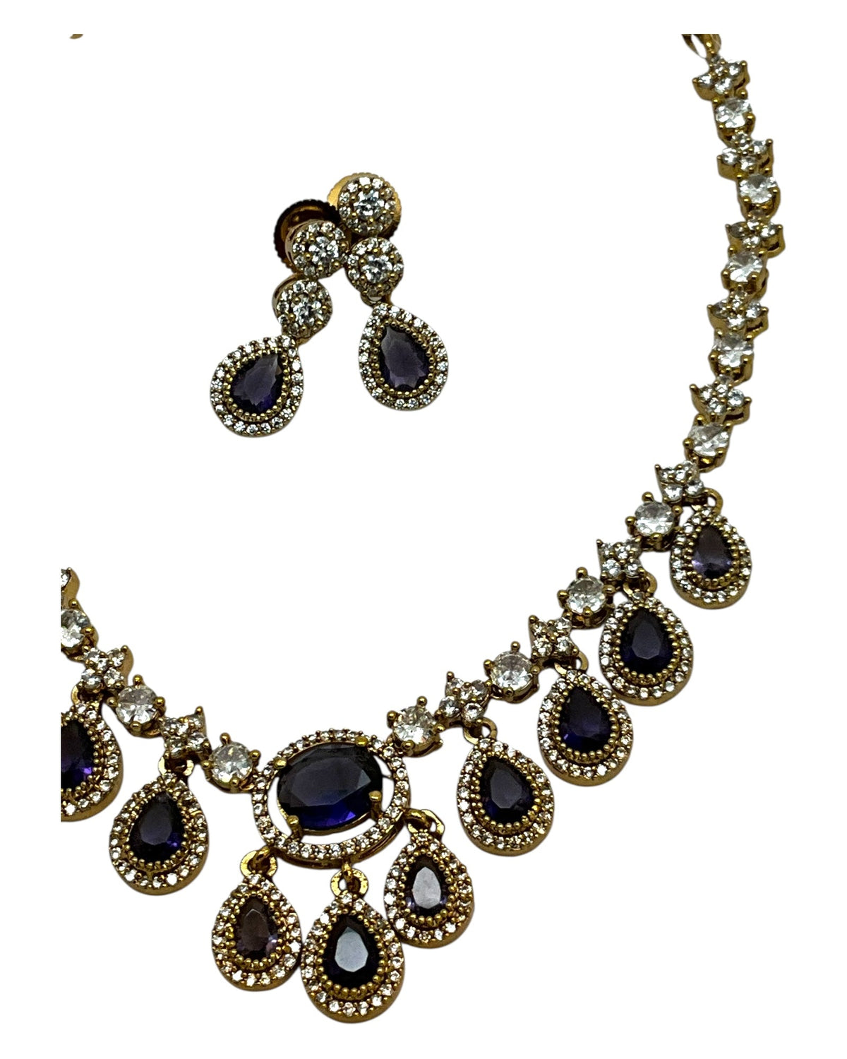 Purple - Small - Antique Gold Finish Necklace Set with Earrings & - AE2521 08KK25 - Prachy Creations