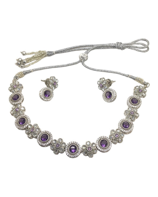 Purple - Small Silver Finish Necklace set - Bollywood - Weddings - AVON7739 H 0923 - Prachy Creations