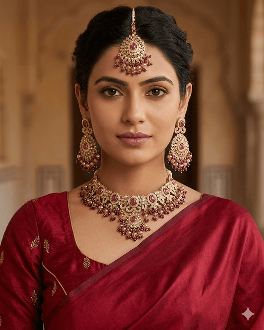 Purple / Wine - Large - Antique Gold Finish Necklace Set with Earrings & Head Piece - AE2512 08KV25 - Prachy Creations