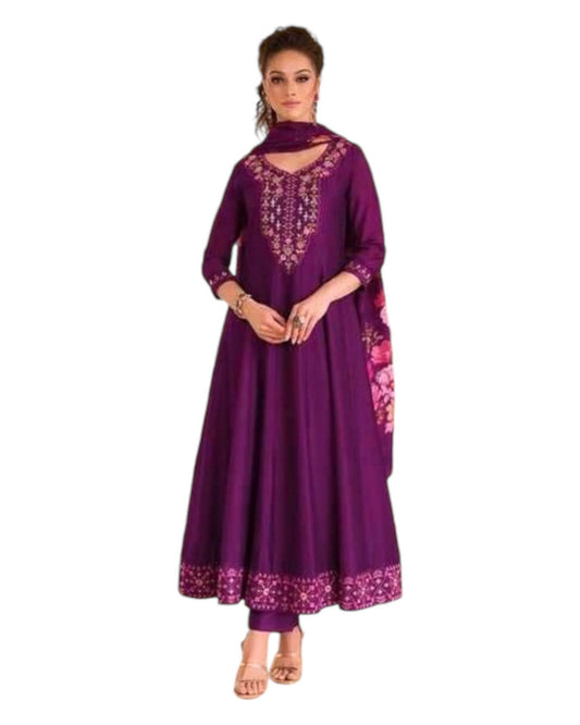 Purple / Wine - Simple / Classy Ladies Indian Trousers Suit with Printed Dupatta - Size 12 (38") - LL22602 VV 1024 - Prachy Creations