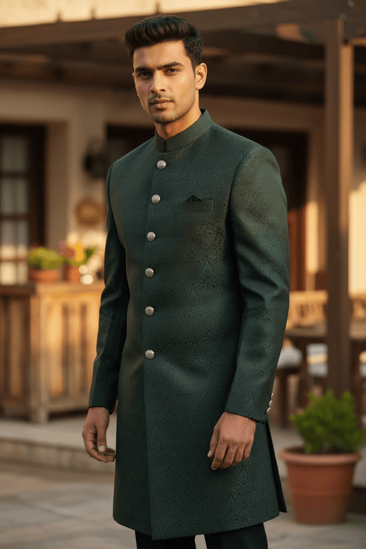 Racing Green - Classic Self Brocade Sherwani with Gold Buttons - BS786 JP 0824 - Prachy Creations