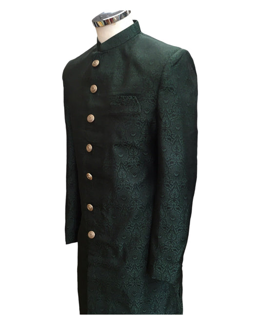 Racing Green - Classic Self Brocade Sherwani with Gold Buttons - BS786 JP 0824 - Prachy Creations