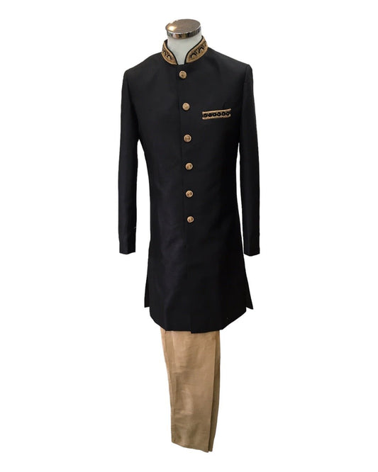 Raw Silky Black Sherwani with Hand Embroidery - YD2304 RV 0523 - Prachy Creations