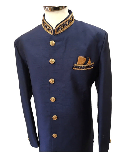 Raw Silky Navy Blue Sherwani with Hand Embroidery - YD2304 RV 0523 - Prachy Creations