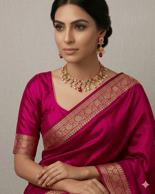 Red / Green - Medium Size Necklace Set with Earrings - SLV11KV 0822 - Prachy Creations