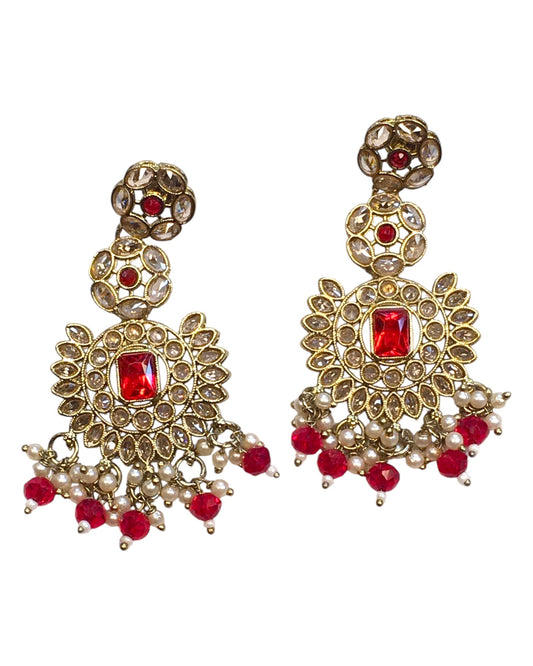 Red - Large - Antique Gold Finish Traditional Earrings - Bollywood - Weddings - PRI1773 11Tp24 - Prachy Creations