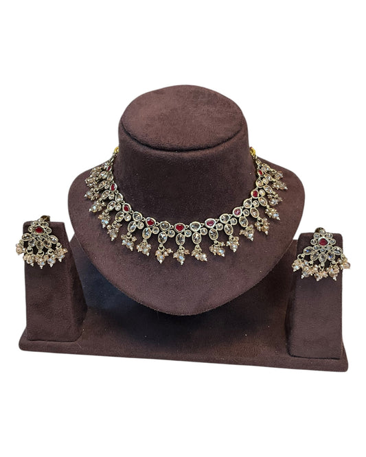 Red - Large Size Antique Gold Finish Necklace Set with Earrings. - KAJ1031 KYp - Prachy Creations