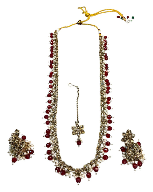 Red / Maroon - Medium Size Antique Gold Finish Long Necklace Set with Earrings - RAK411 H 0525 - Prachy Creations