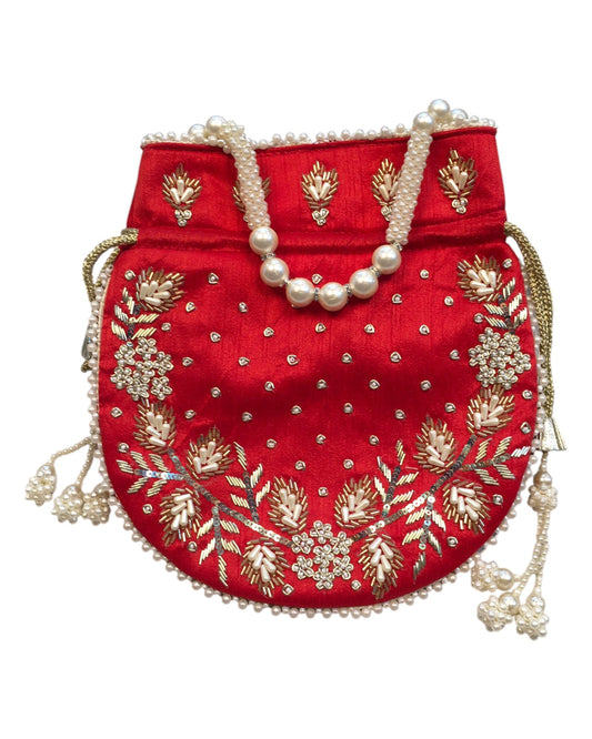 Red - Silky Bollywood Ladies Potli / Pouch Style HandBag - GJ21 10Rp24 - Prachy Creations