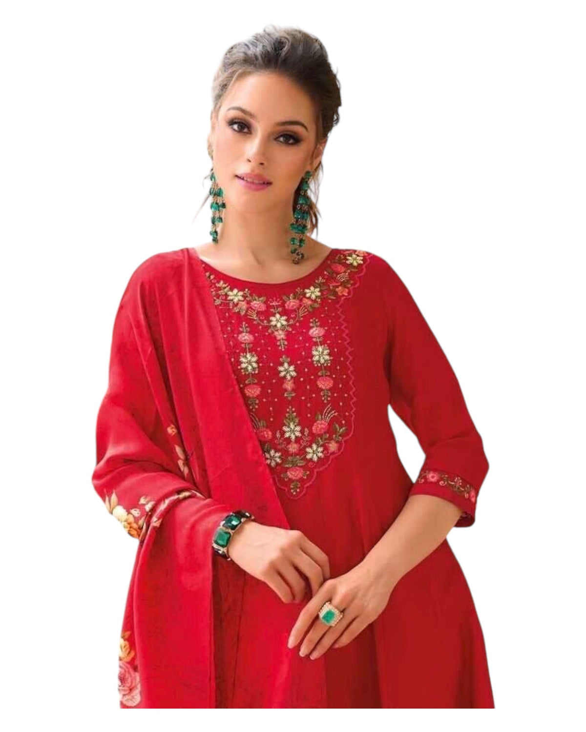 Red - Simple / Classy Ladies Indian Trousers Suit with Printed Dupatta - Size 12 (38") - LL22606 VV 1024 - Prachy Creations