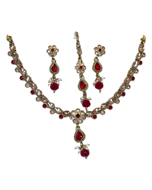 Red - Small Size Antique Gold Finish Necklace Set with Earrings & Head Piece /Tika- SLV78 11Ap24 - Prachy Creations