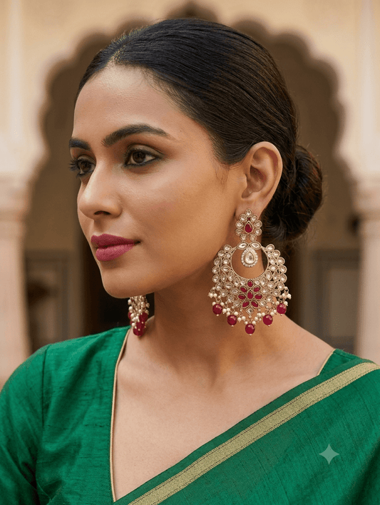 Regal Ruby Floral Crescent Kundan Chandbali Earrings - Bollywood - Weddings - 6ER166 09A26 - Prachy Creations
