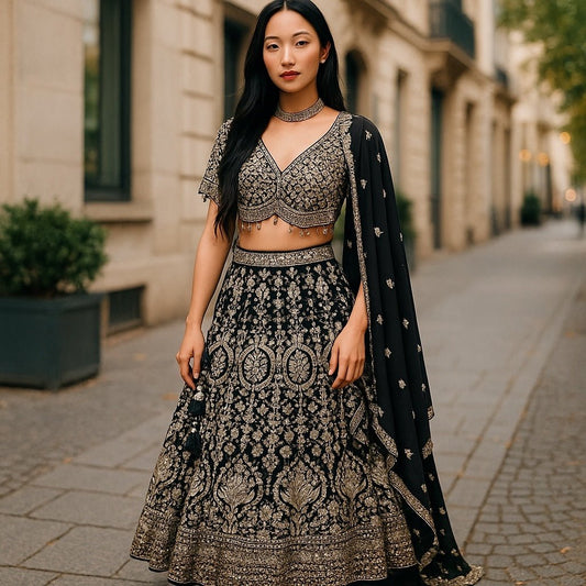 Rich Heavy Black Lehenga set with full Embroidery - Size 14 (40") - UK Stock - 24h Dispatch - KTC250616 RV - Prachy Creations