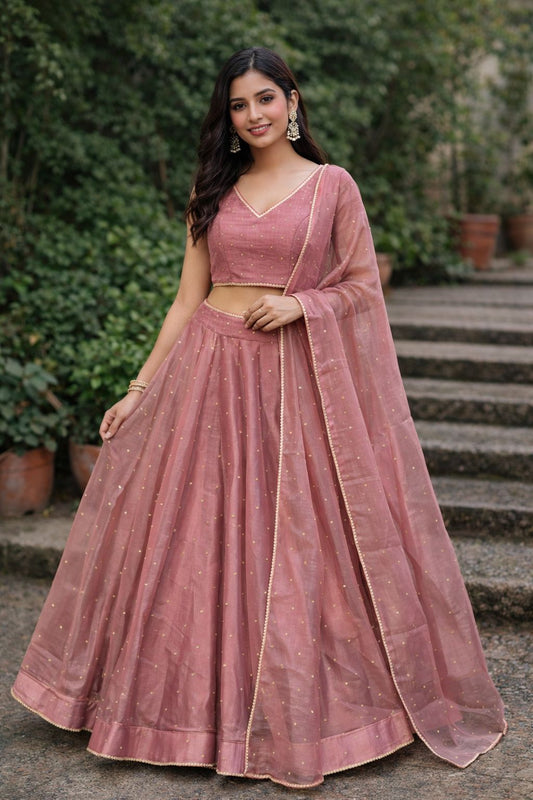 Dusty Pink - Crushed Tissue Lehenga Set - Mehndi / Sangeet / Bridesmaids / Weddings / Garba - Size UK 12 (38" Bust) Adjustable to Size 14 - UK Stock - 24h Dispatch - AF2604 02VA26