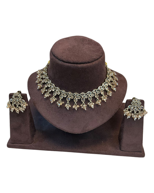 Rose / Crystal - Large Size Antique Gold Finish Necklace Set with Earrings. - KAJ1031 KYp - Prachy Creations