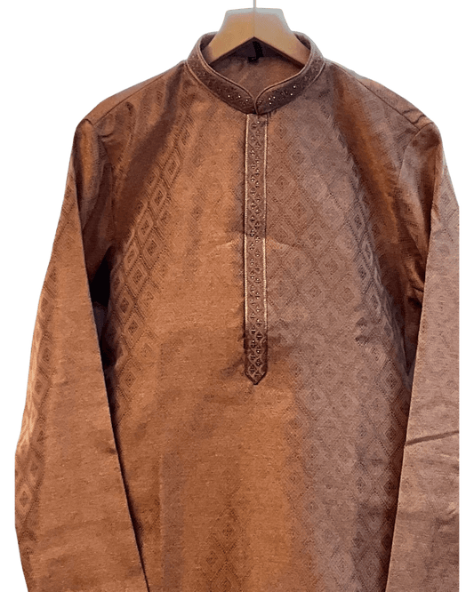 Rose Gold / Copper - Banarasi Handloom Brocade Mens Indian Kurta set with Trousers - UK Stock - Weddings / Walimas , Sangeet, Diwali, Eid, Mehndi / Henna - VEE2509 VR - Prachy Creations