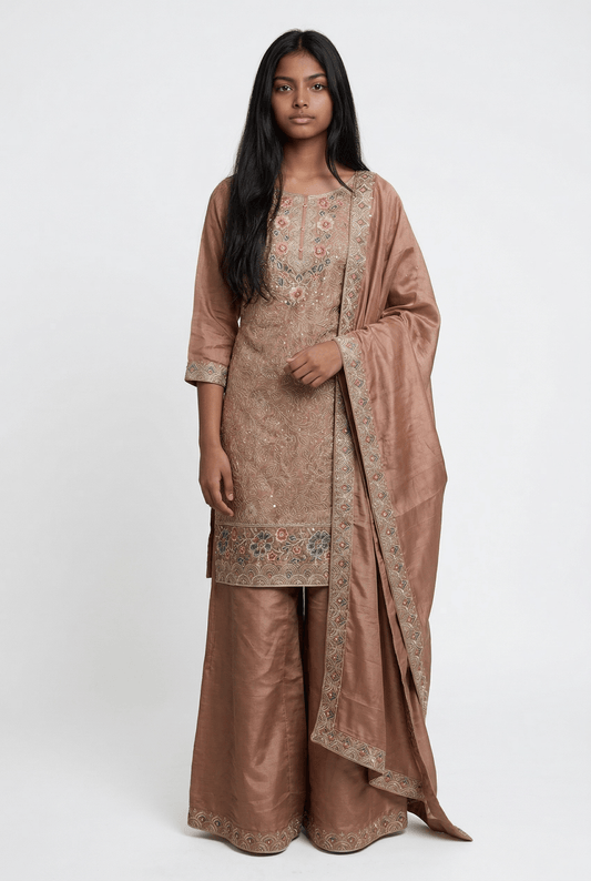 Rose Gold - Ladies Medium Length Top Palazzo Trousers Suit - Size 12 (38") - KTC250149 TK - Prachy Creations