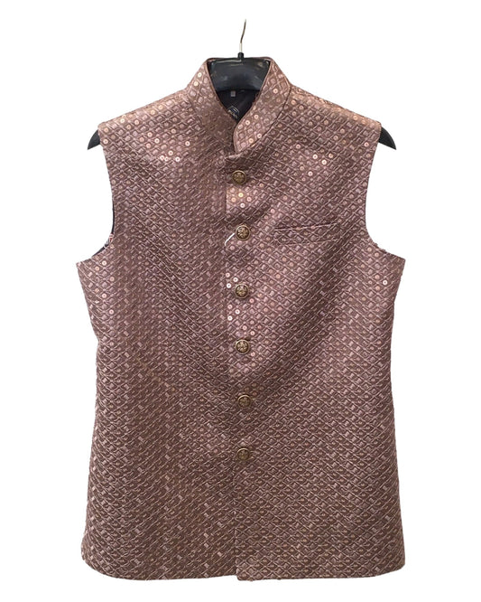 Rose Gold / Light Brown - Rich Lucknowi Sequins Mens Waistcoat / Bandi - Bollywood - HHF2403 KK 0624 - Prachy Creations
