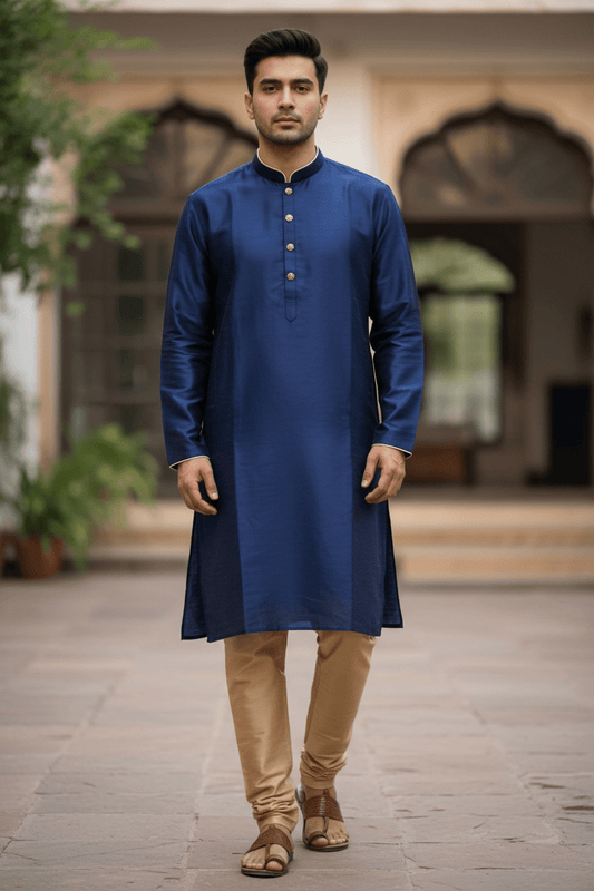 Royal Blue - Silky Mens Indian Kurta set - UK Stock - Ideal to Pair with a Waistcoat - VEE1095 KJ - Prachy Creations