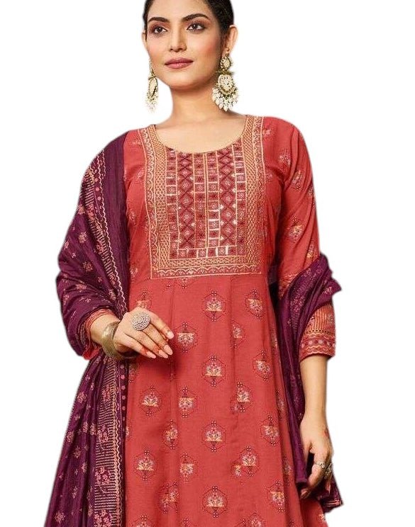 Rust Burnt Orange- Cotton Block Printed Long Dress with Dupatta - Available in Sizes 14(40") & 20 (46") - BH1004 KK 0924 - Prachy Creations