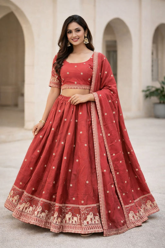 Rust - Dupion Silk Lehenga Set - Garba / Dandia , Mehndi / Sangeet / Weddings - Size UK 12 (38" Bust) Adjustable to Size 14 - UK Stock - 24h Dispatch - AF2603 02TY26 - Prachy Creations