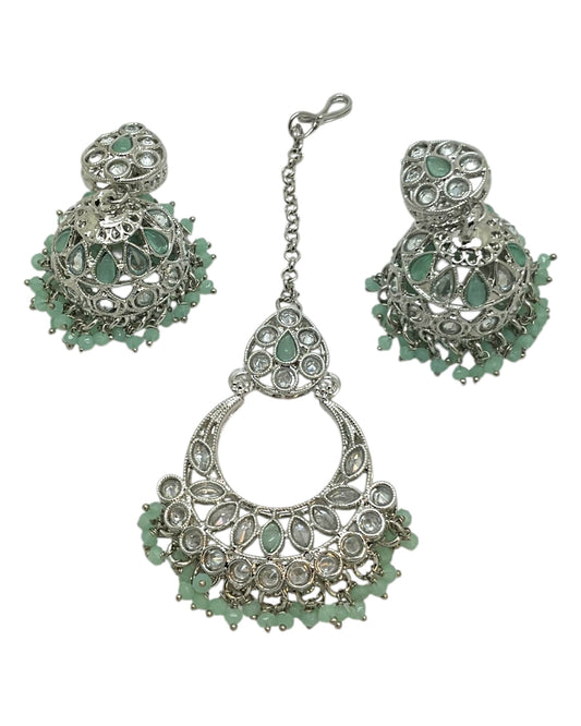Sage Green - Large Size Silver Finish Necklace Set with Earrings & Tika (Head Piece) - UK Stock - GGA17 08KK25 - Prachy Creations
