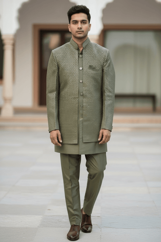 Sage Green - Mens Knee Length Jacket with Long Waistcoat - Sherwani / Indo-Western - Fantastic Fit - KCS6600 03PV26 - Prachy Creations