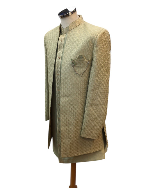 Sage Green - PREMIUM Mens Knee Length Jacket with Long Waistcoat - Fantastic Fit - KCS6101 02CY25 - Prachy Creations