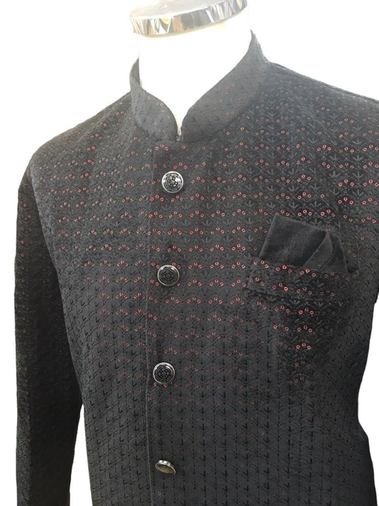 SALE ! Black with Maroon Sequins Fully Embroidered Soft Sherwani Set - UK Stock - 24h Dispatch - Spark17 JY 0324 - Prachy Creations