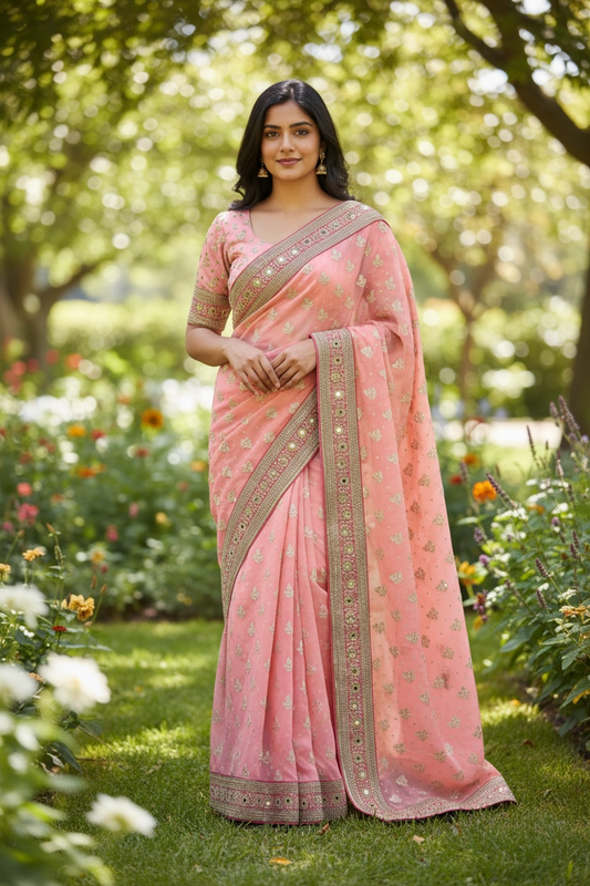 SALE - Coral saree with contrast border , Bollywood, Weddings - SEP5716 04CP17 - Prachy Creations