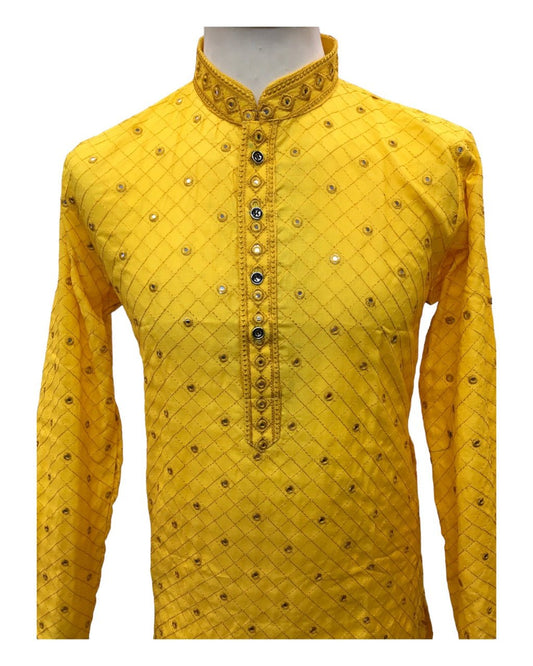 SALE! Haldi Yellow - Linen Mirror Work Mens Kurta Set - Sangeet Mehendi Haldi - NY2303 KT 1123 - Prachy Creations