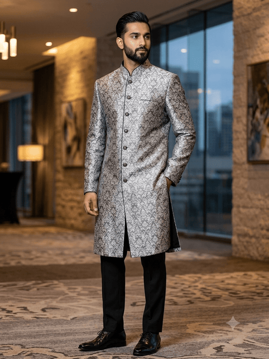 Sale! Mens Indian Light Sherwani set in Black / Silver Brocade for weddings, Bollywood Party - DD180801JV - Prachy Creations