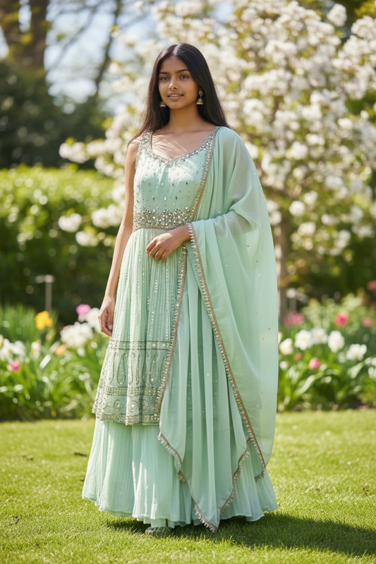 Sale! Mint Green - Ready Made Palazzo Trousers Set - Size 12 - 42" (Loosen up to 14) ) UK Stock - 24h Dispatch - KTC2354 04TT23 - Prachy Creations