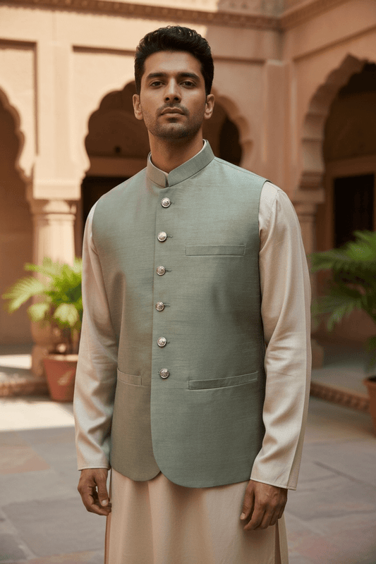 SALE ! Pista Green - Handloom Dupion Silk Mens Waistcoat - DL2302 KKp1023 - Prachy Creations