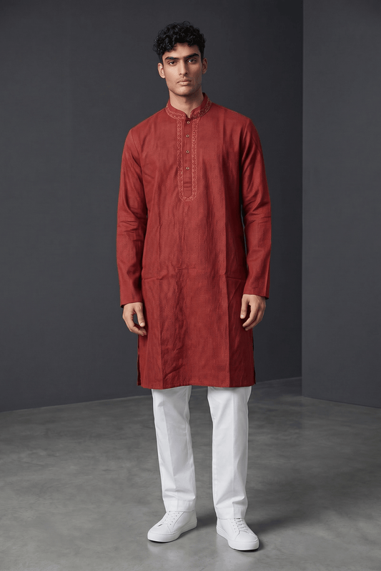 SALE! Size 42" L - Red - Mens Cotton Based Kurta with Draw stringed Trousers , Full Length - SALE2604 - Prachy Creations