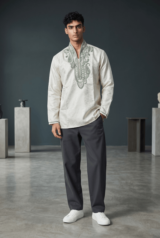 SALE! Size 42" - White - Mens Brocade Kurta Top with Light Green Bead and Stone Embroidery - SALE2601 - Prachy Creations