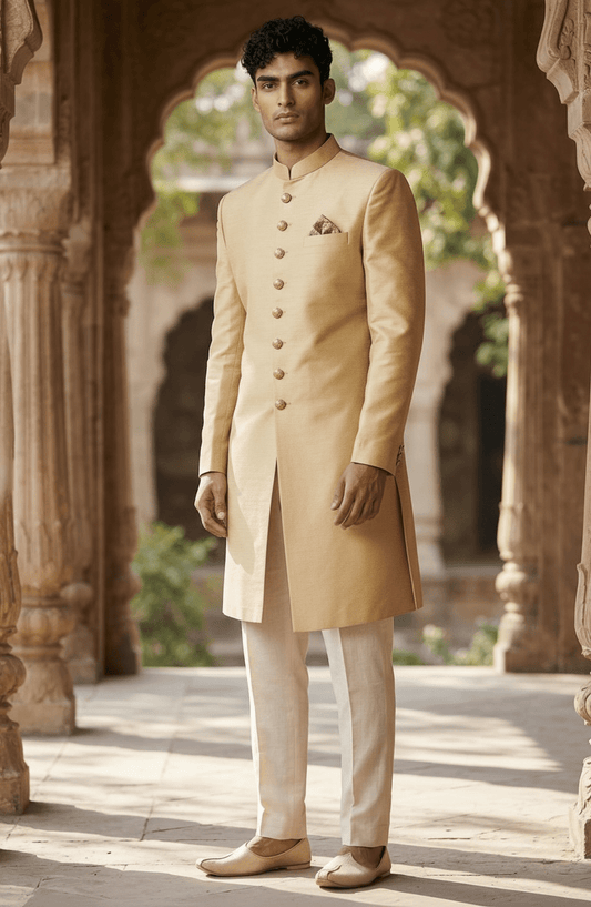 SALE ! Size 48" - Mens Ivory Gold Sherwani set - Draw Stringed Trousers - Weddings - VFEW859JY - Prachy Creations