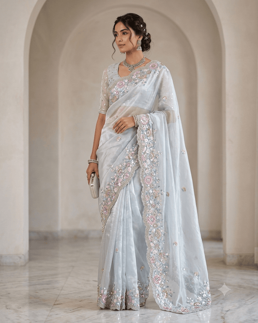 SALE! Sky Blue - Pastel Sequins Silky Saree with Blouse Piece - MF3801 JJ 0824 - Prachy Creations