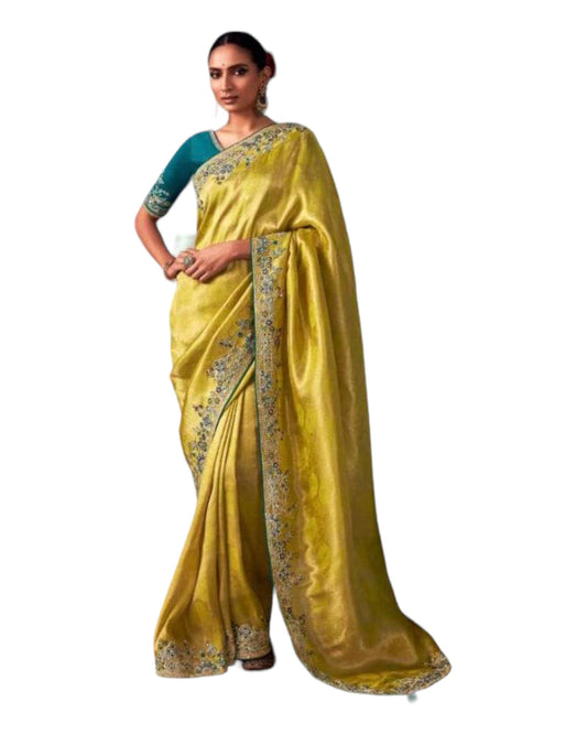 SALE ! Yellow - Crepe Silky Saree with Fancy Ready made Blouse - KIM-SA217 PJ 1123 - Prachy Creations