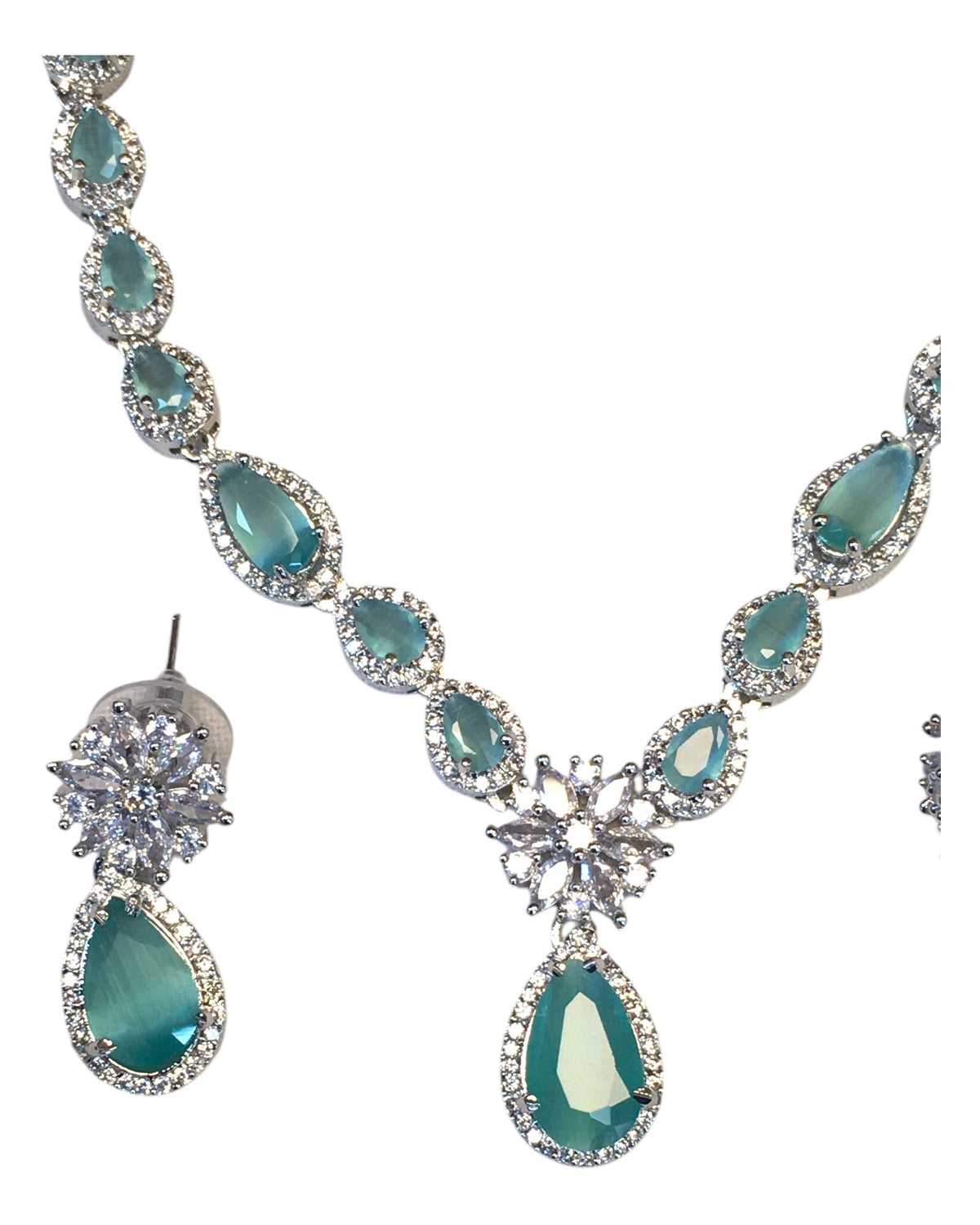 Sea Green - American Diamond Style Silver Finish Small Size Necklace Set with Earrings - AE2422 11H24 - Prachy Creations