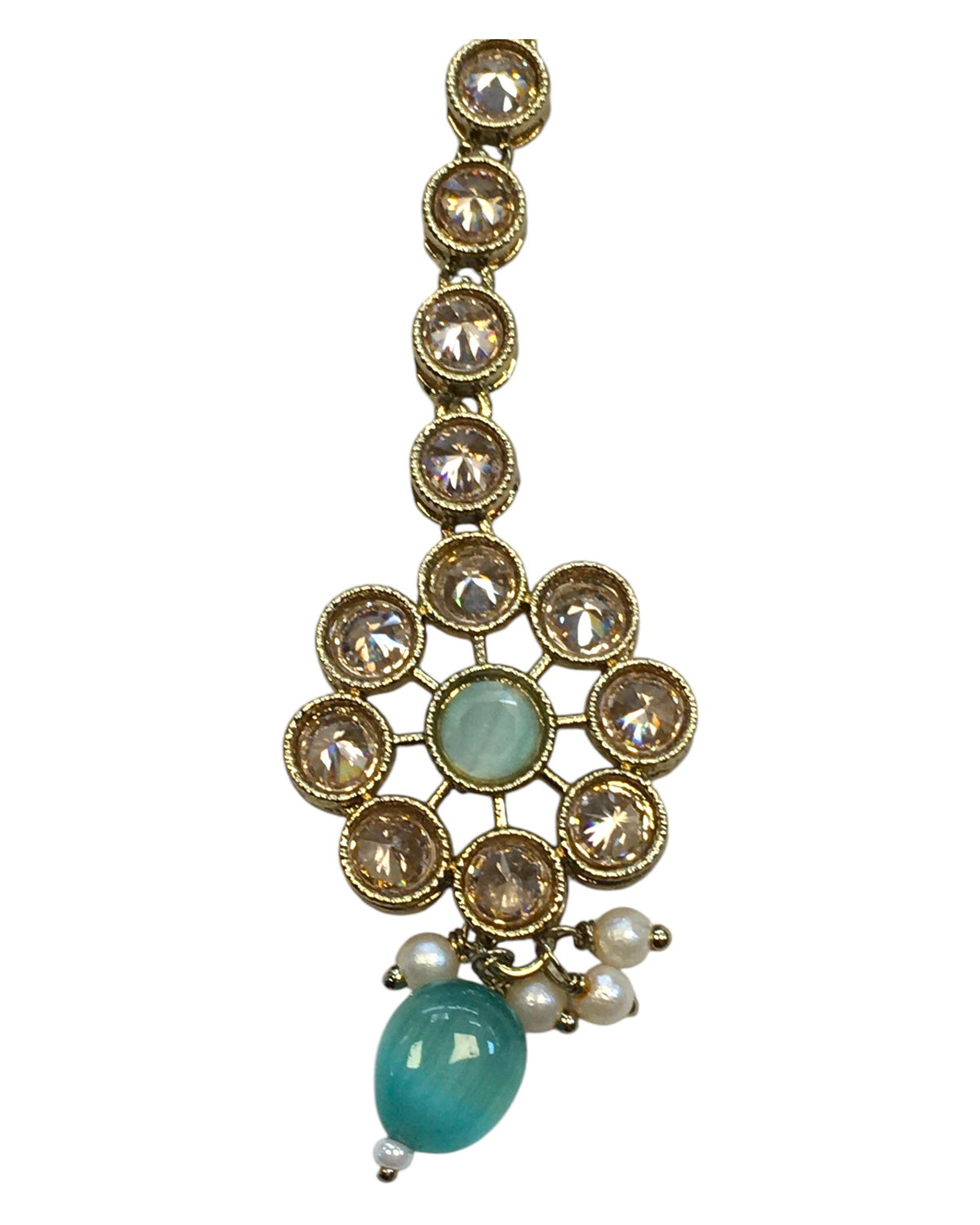 Sea Green - Antique Gold Finish Medium Size Tika Head Piece - Indian Ladies Fashion Jewellery - AE2432 11Vp24 - Prachy Creations
