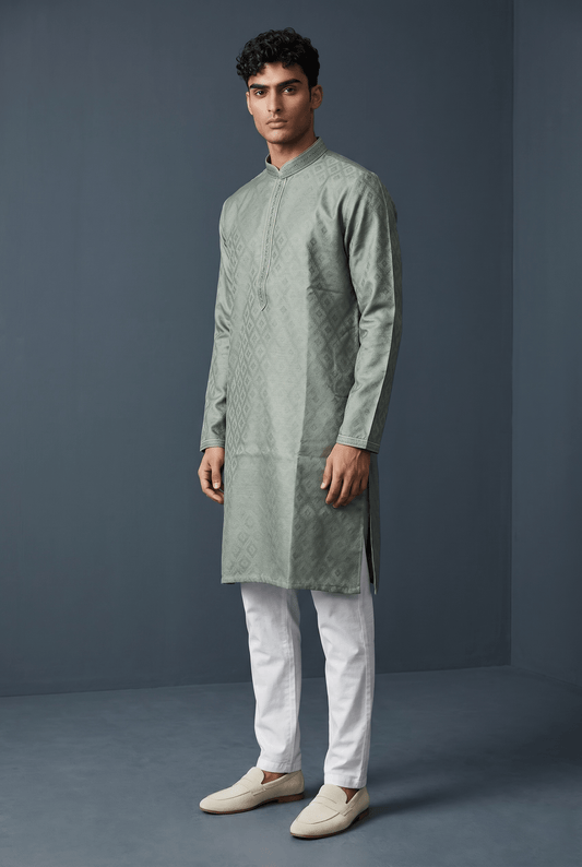 Sea Green - Banarasi Handloom Brocade Mens Indian Kurta set with Trousers - UK Stock - Weddings / Walimas , Sangeet, Diwali, Eid, Mehndi / Henna - VEE2509 VR - Prachy Creations