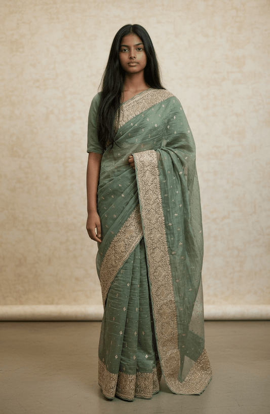 Sea Green - Fancy Party Saree with Blouse Piece - UK stock - 24hr Dispatch - VFU5410 03VR26 - Prachy Creations