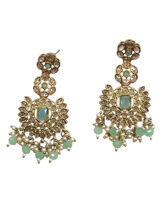 Sea Green - Large - Antique Gold Finish Traditional Earrings - Bollywood - Weddings - PRI1773 11Tp24 - Prachy Creations