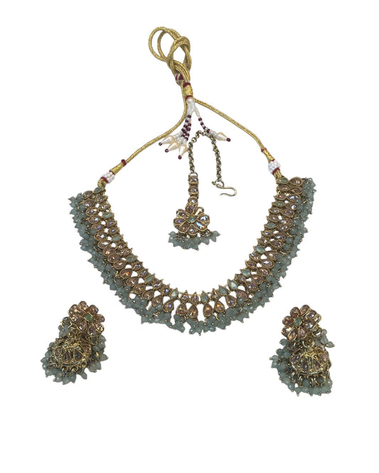 Sea Green - Medium Size Antique Gold Finish Necklace Set with Earrings - PRI1763 11H24 - Prachy Creations