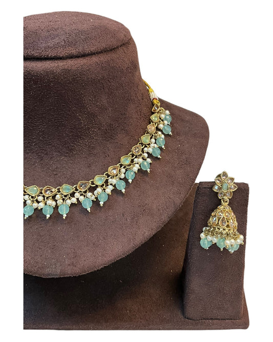 Sea Green - Medium Size Antique Gold Finish Necklace Set with Earrings - RAK375 Pp - Prachy Creations